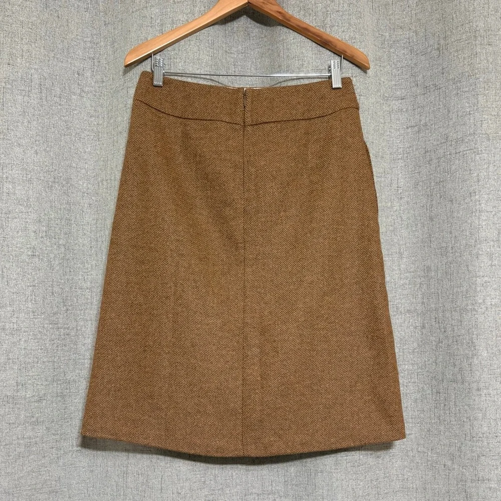 Lands' End Brown Herringbone Tweed Wool Silk Blend A-Line Skirt Size 6 Lined - Picture 1 of 8